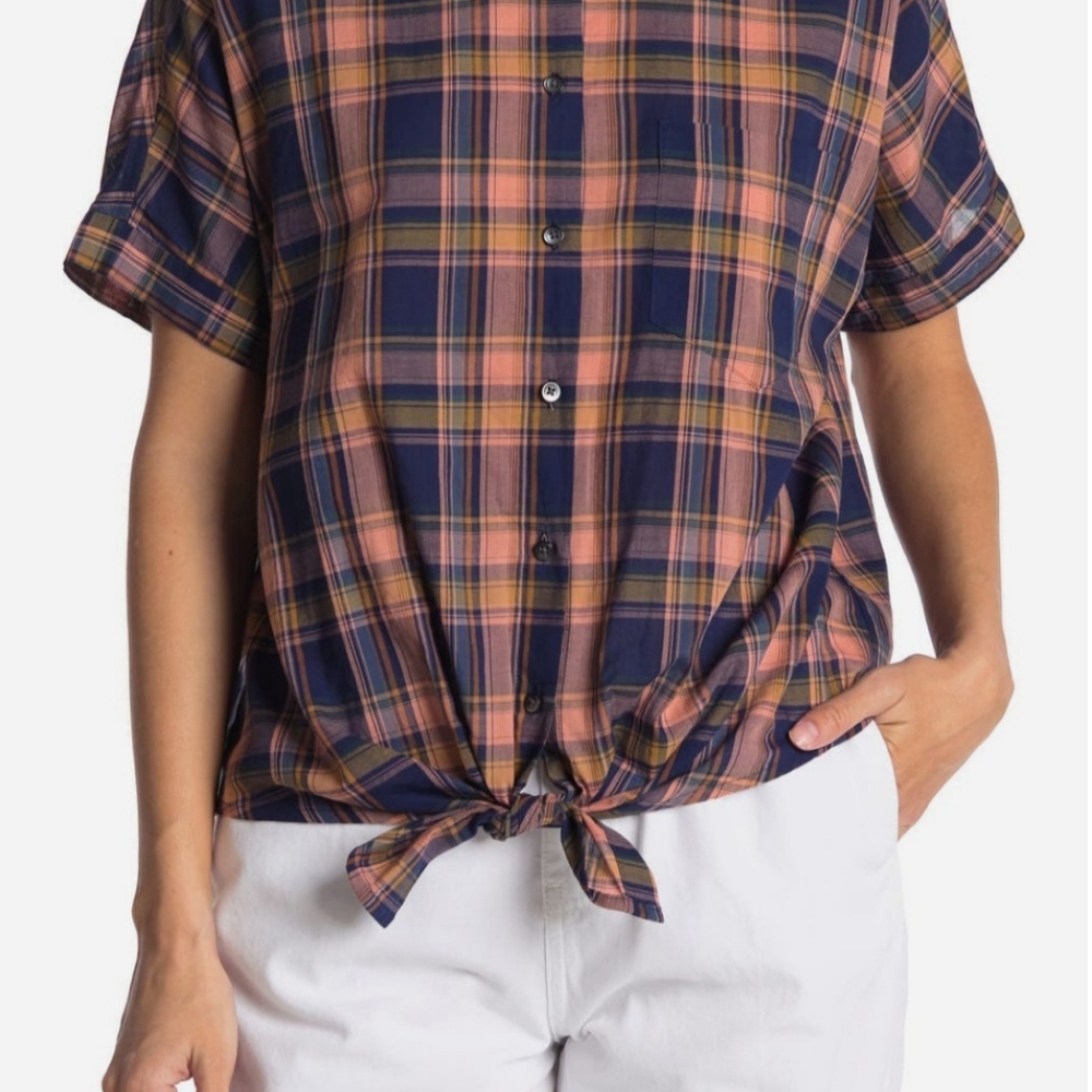 Madewell Plaid Tie Hem Button Front Short Sleeve Shirt Navy Blue Peach Medium - Picture 9 of 12